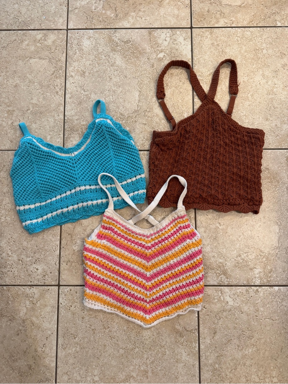Vintage Hollister Crochet Crop Tops Trio - blue, Brown & Striped Pink/orange